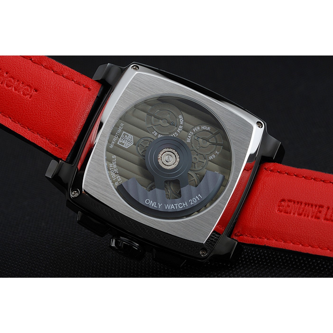 MiroTime Tag Heuer Monaco Black-Red Perforated Leather Strap Black Dial 80309