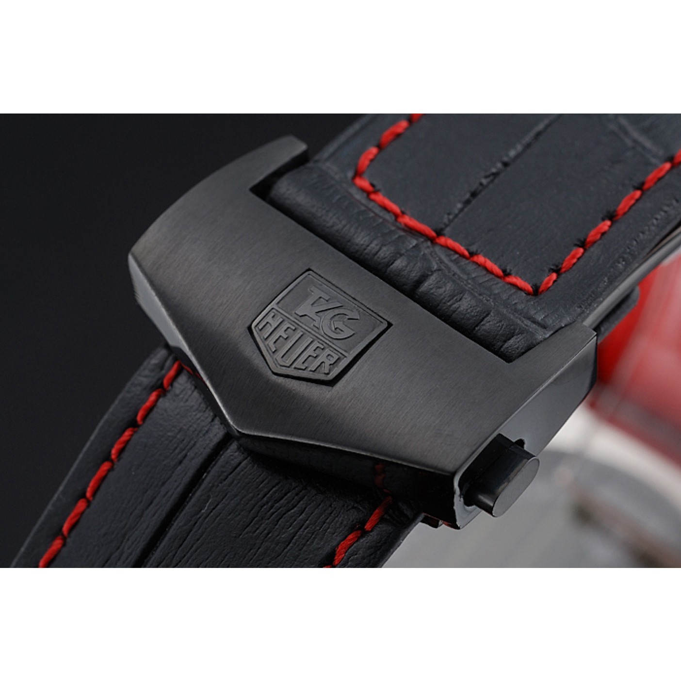 MiroTime Tag Heuer Monaco Black-Red Perforated Leather Strap Black Dial 80309