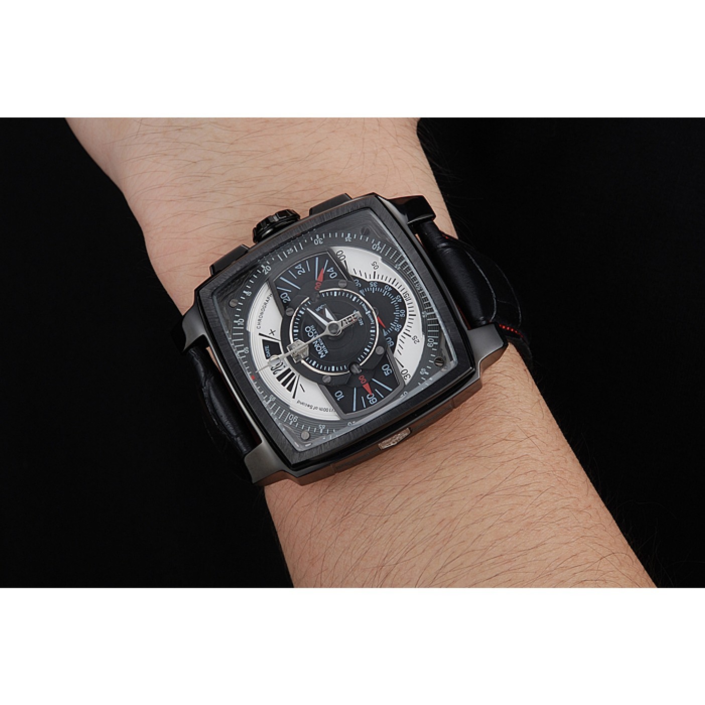 MiroTime Tag Heuer Monaco Black-Red Perforated Leather Strap Black Dial 80309