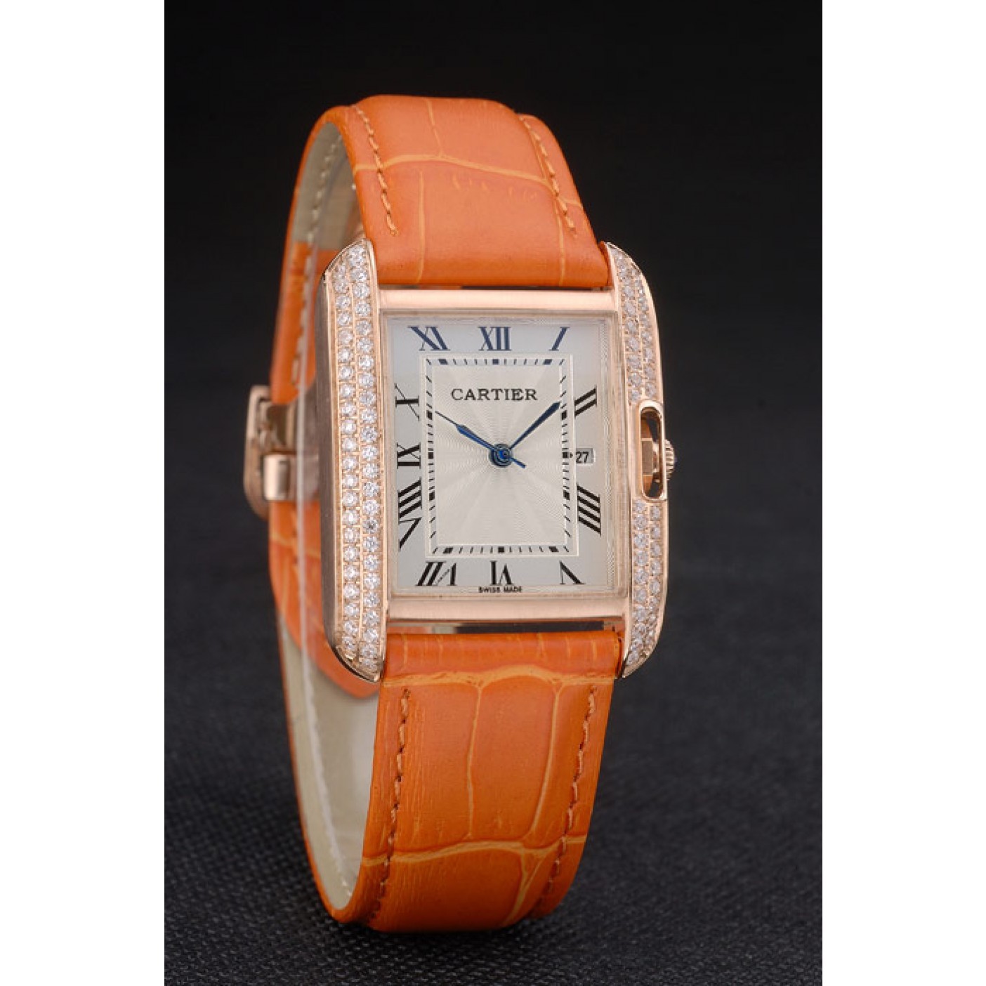 MiroTime Cartier Tank Anglaise 30mm White Dial Diamonds Gold Case Orange Leather Bracelet