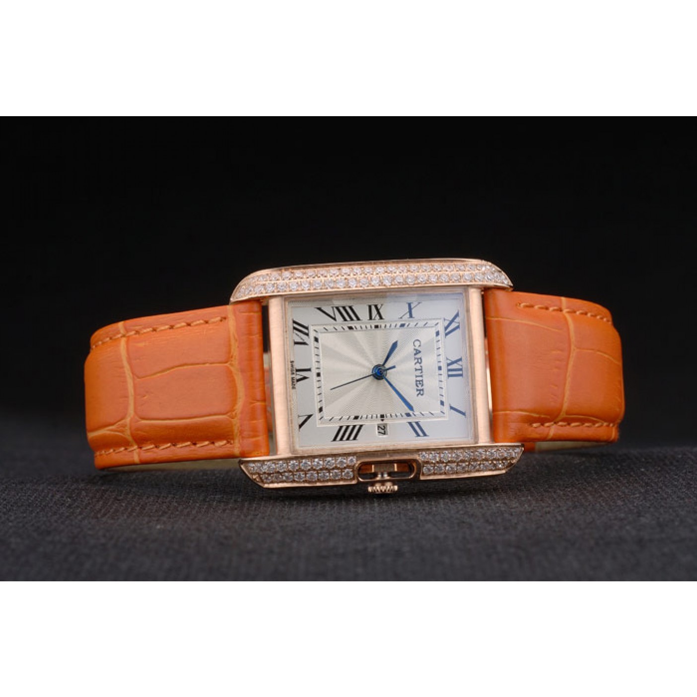 MiroTime Cartier Tank Anglaise 30mm White Dial Diamonds Gold Case Orange Leather Bracelet