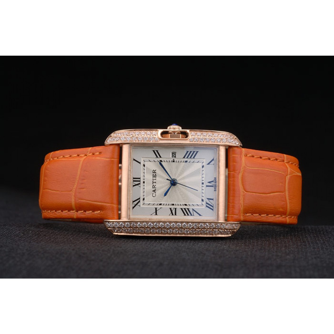 MiroTime Cartier Tank Anglaise 30mm White Dial Diamonds Gold Case Orange Leather Bracelet