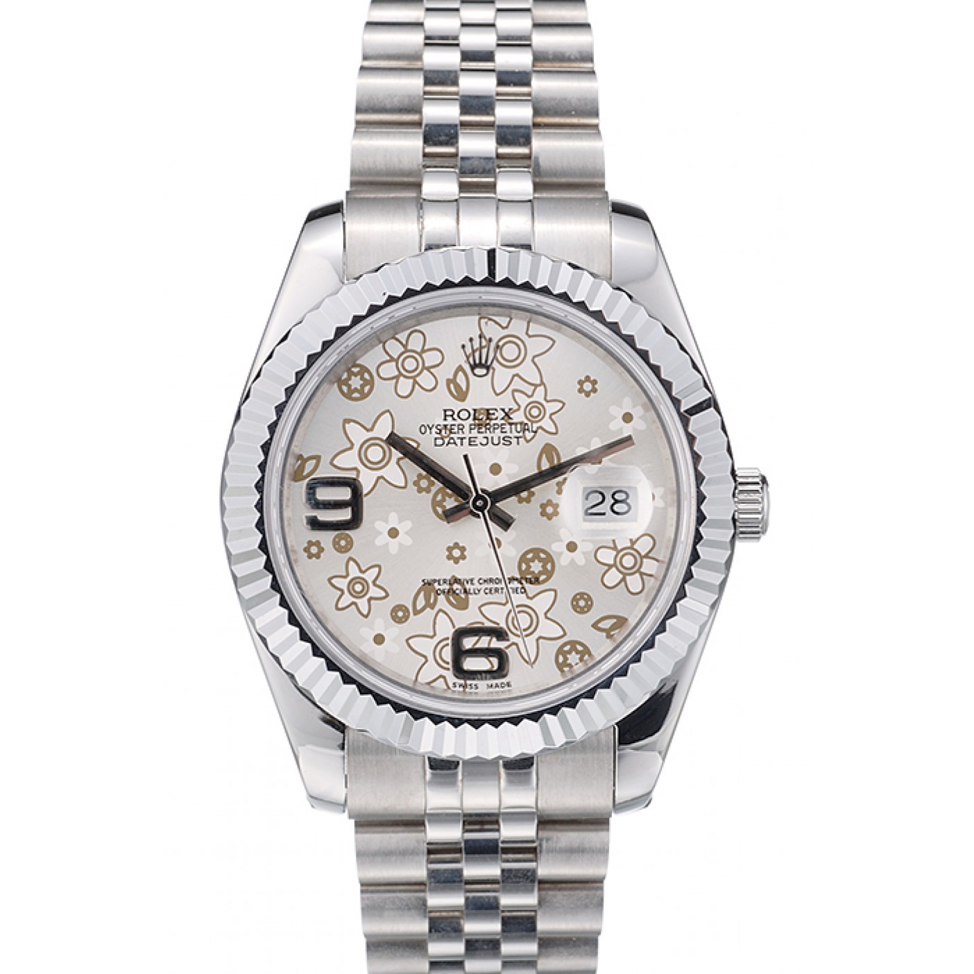 MiroTime Rolex Swiss DateJust Stainless Steel Ribbed Bezel Flower Silver Dial 42001