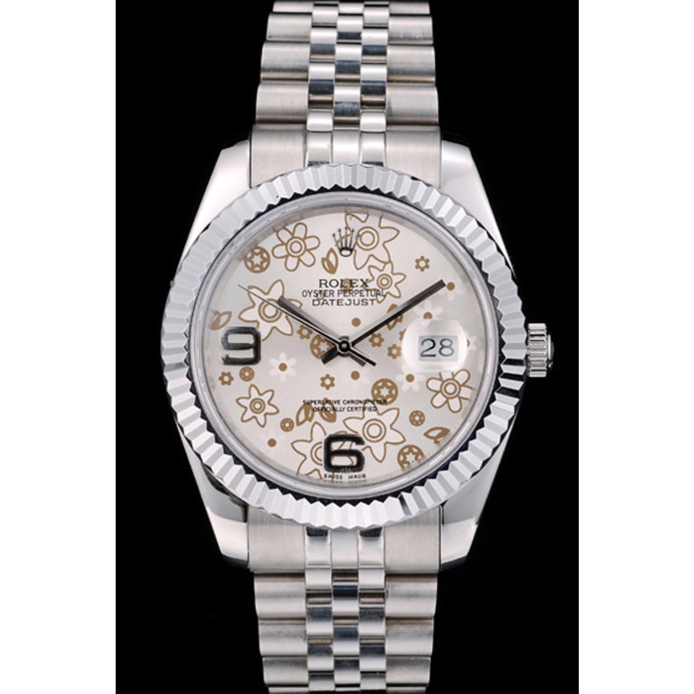 MiroTime Rolex Swiss DateJust Stainless Steel Ribbed Bezel Flower Silver Dial 42001