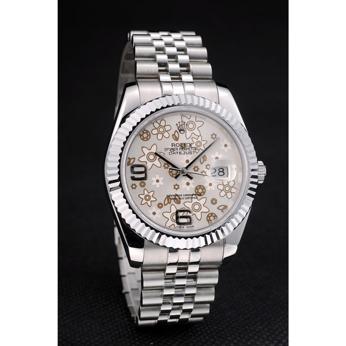 MiroTime Rolex Swiss DateJust Stainless Steel Ribbed Bezel Flower Silver Dial 42001