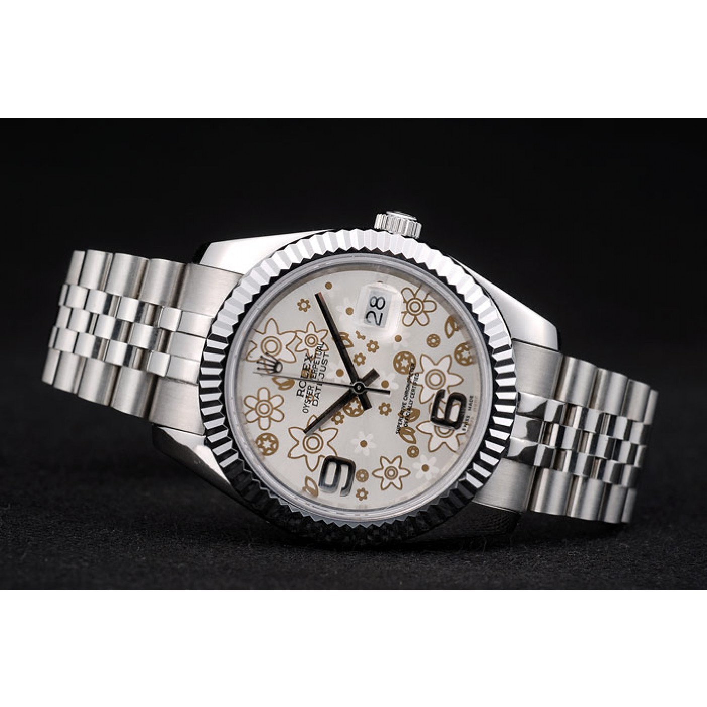 MiroTime Rolex Swiss DateJust Stainless Steel Ribbed Bezel Flower Silver Dial 42001