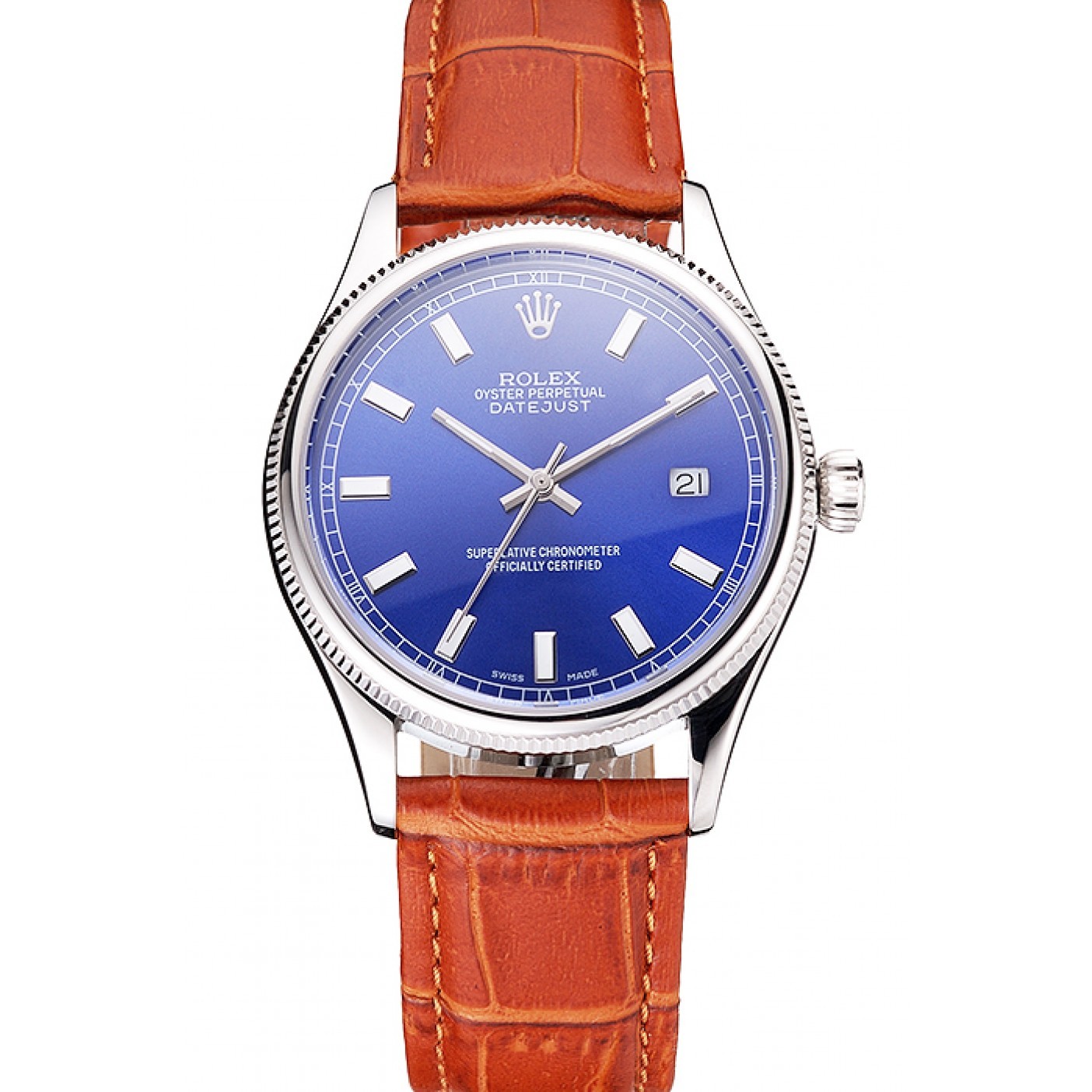 MiroTime Swiss Rolex Datejust Blue Dial Stainless Steel Case Light Brown Leather Strap