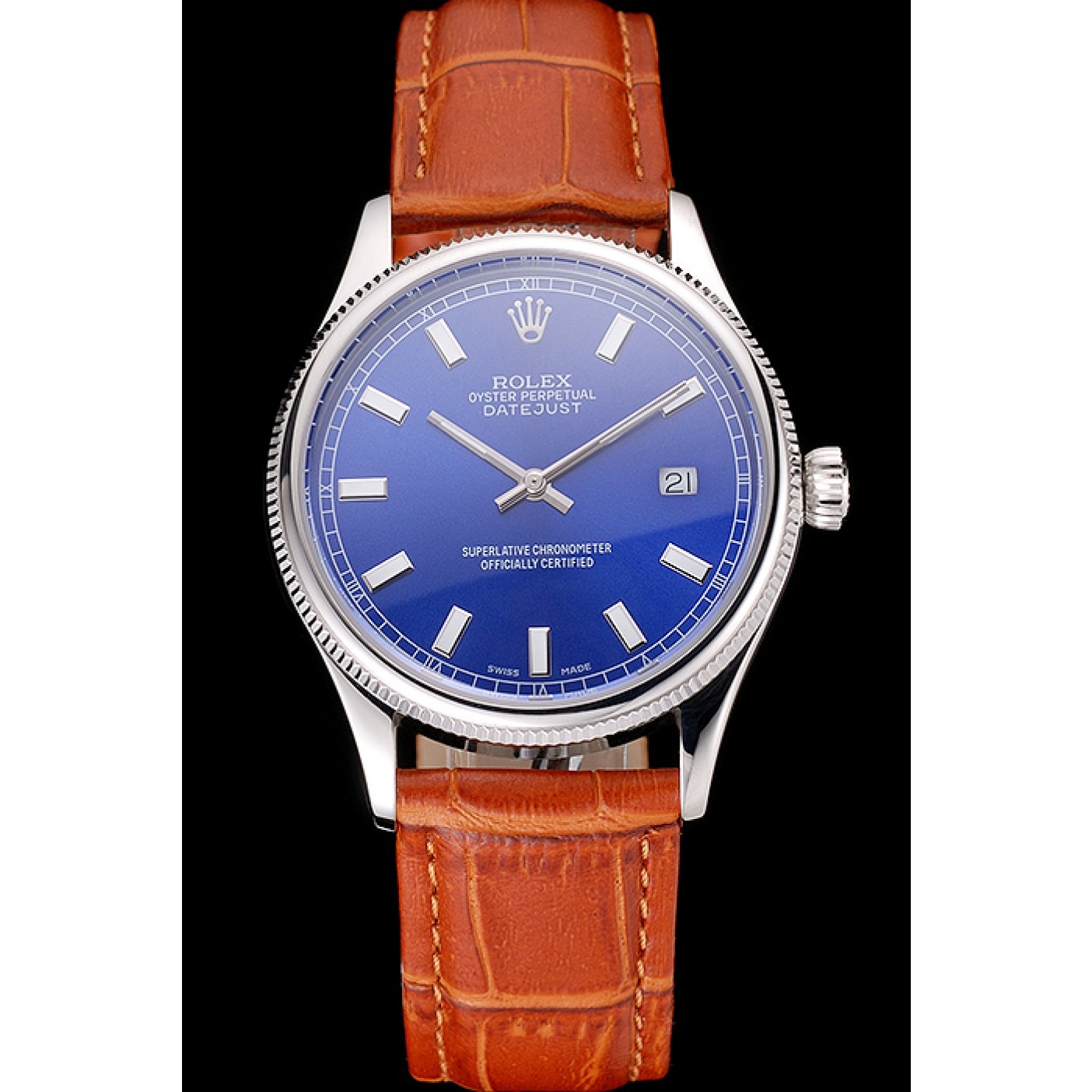 MiroTime Swiss Rolex Datejust Blue Dial Stainless Steel Case Light Brown Leather Strap