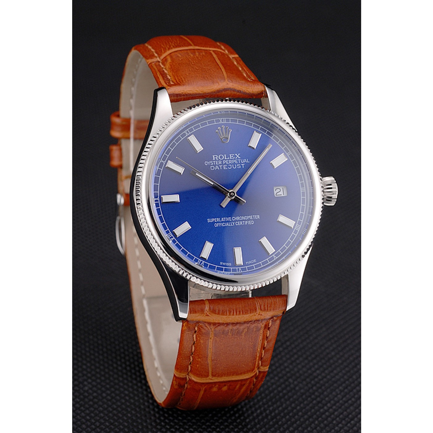 MiroTime Swiss Rolex Datejust Blue Dial Stainless Steel Case Light Brown Leather Strap