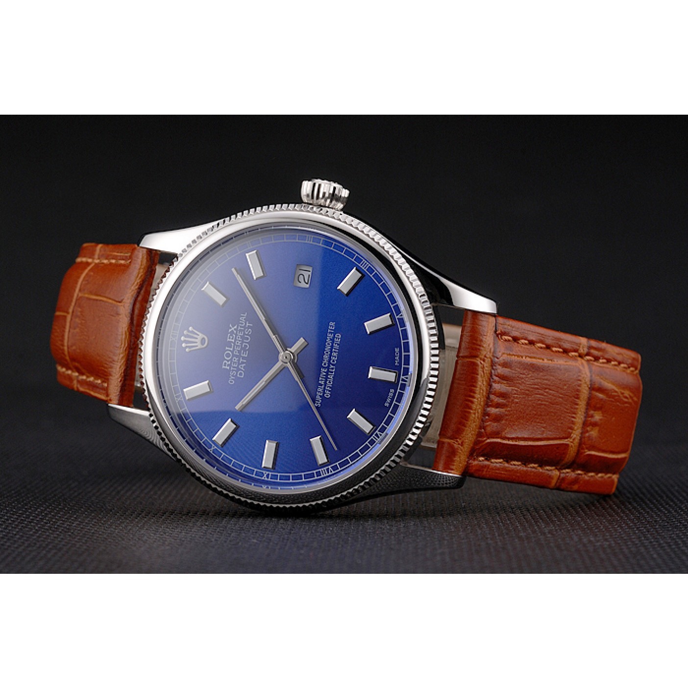 MiroTime Swiss Rolex Datejust Blue Dial Stainless Steel Case Light Brown Leather Strap