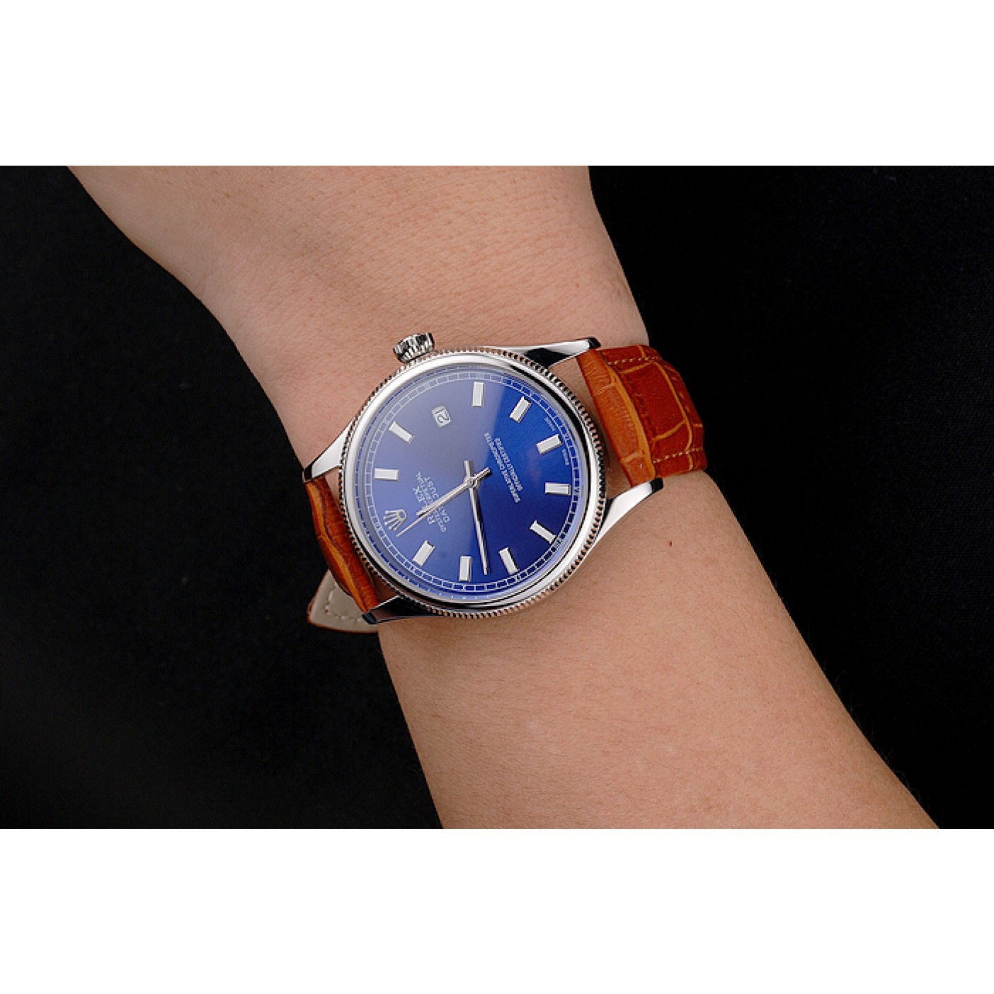 MiroTime Swiss Rolex Datejust Blue Dial Stainless Steel Case Light Brown Leather Strap