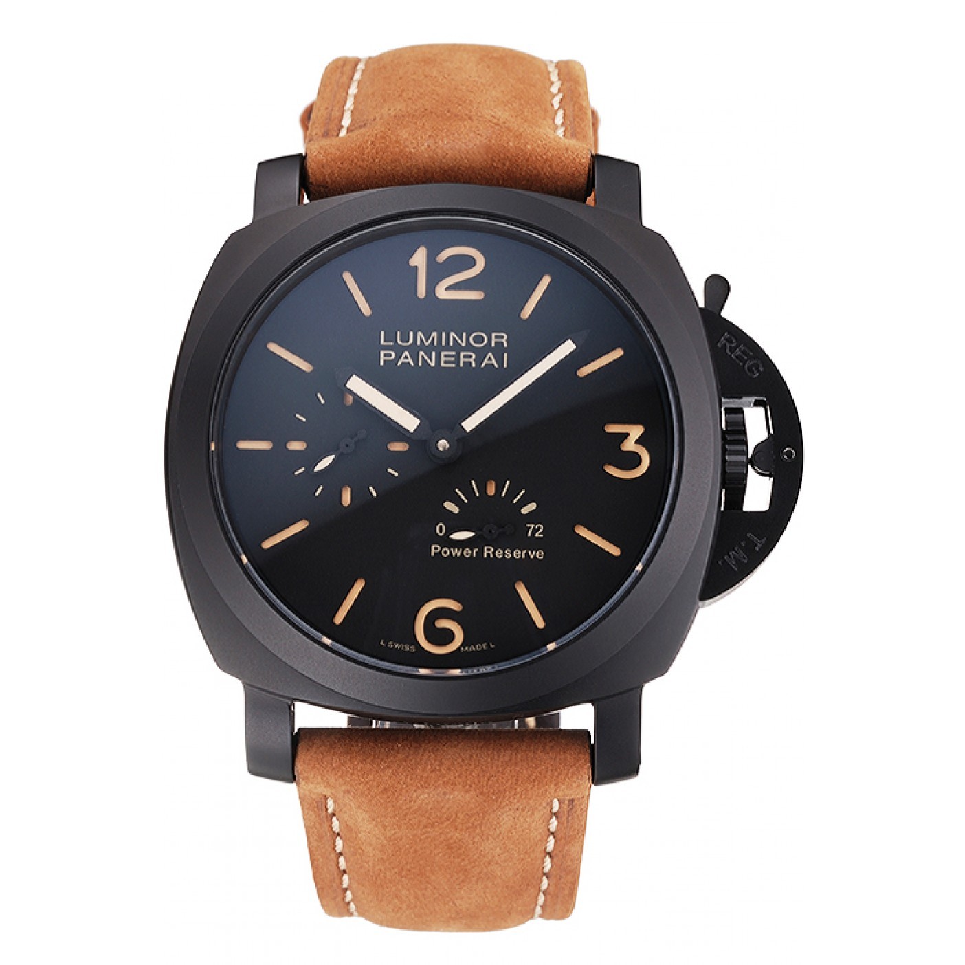 MiroTime Panerai Luminor 1950 3 Days Power Reserve Black Dial Black Case Brown Suede Leather Strap