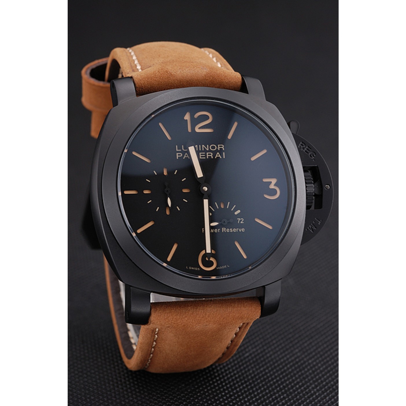 MiroTime Panerai Luminor 1950 3 Days Power Reserve Black Dial Black Case Brown Suede Leather Strap