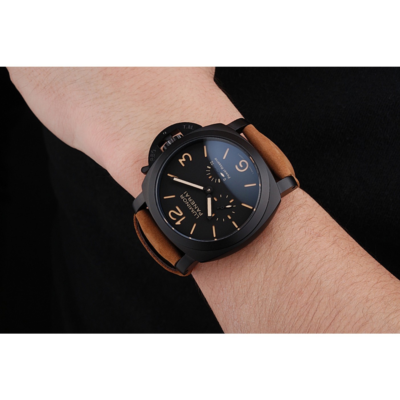 MiroTime Panerai Luminor 1950 3 Days Power Reserve Black Dial Black Case Brown Suede Leather Strap