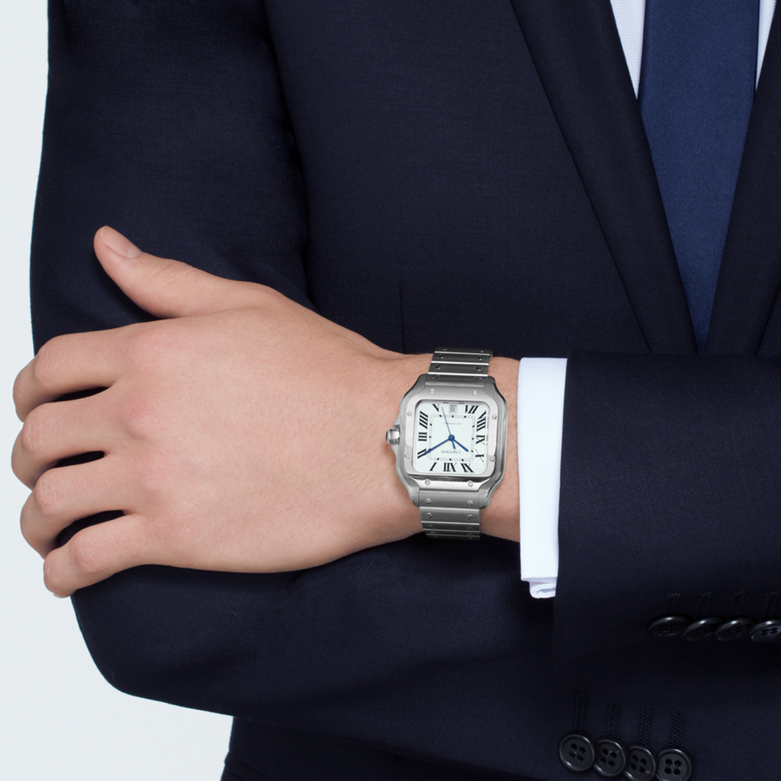MiroTime Swiss Santos de Cartier watch, Large model, automatic, steel, interchangeable metal and leather bracelets