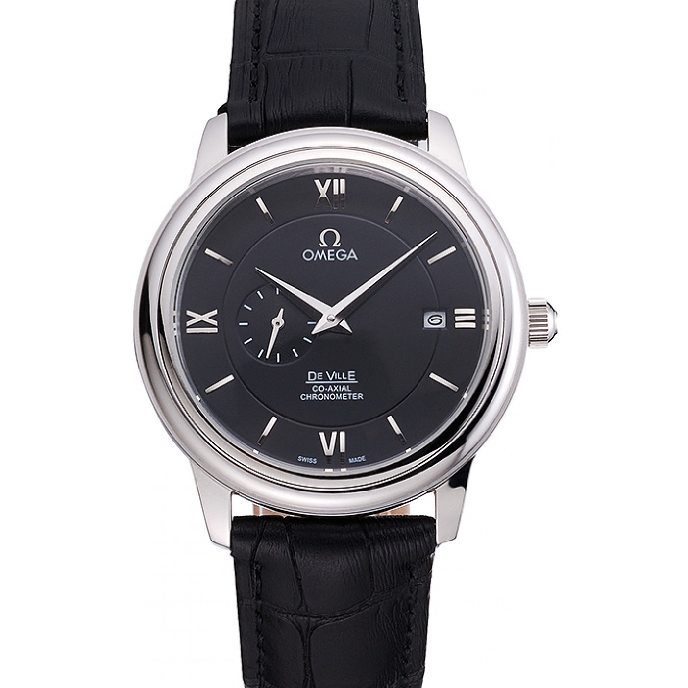 MiroTime Omega De Ville Prestige Co-Axial Black Dial Silver Case Black Leather Strap Roman Numeral