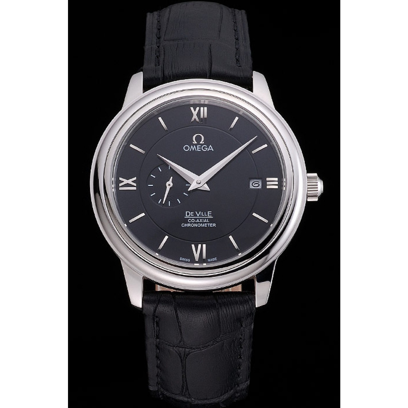 MiroTime Omega De Ville Prestige Co-Axial Black Dial Silver Case Black Leather Strap Roman Numeral