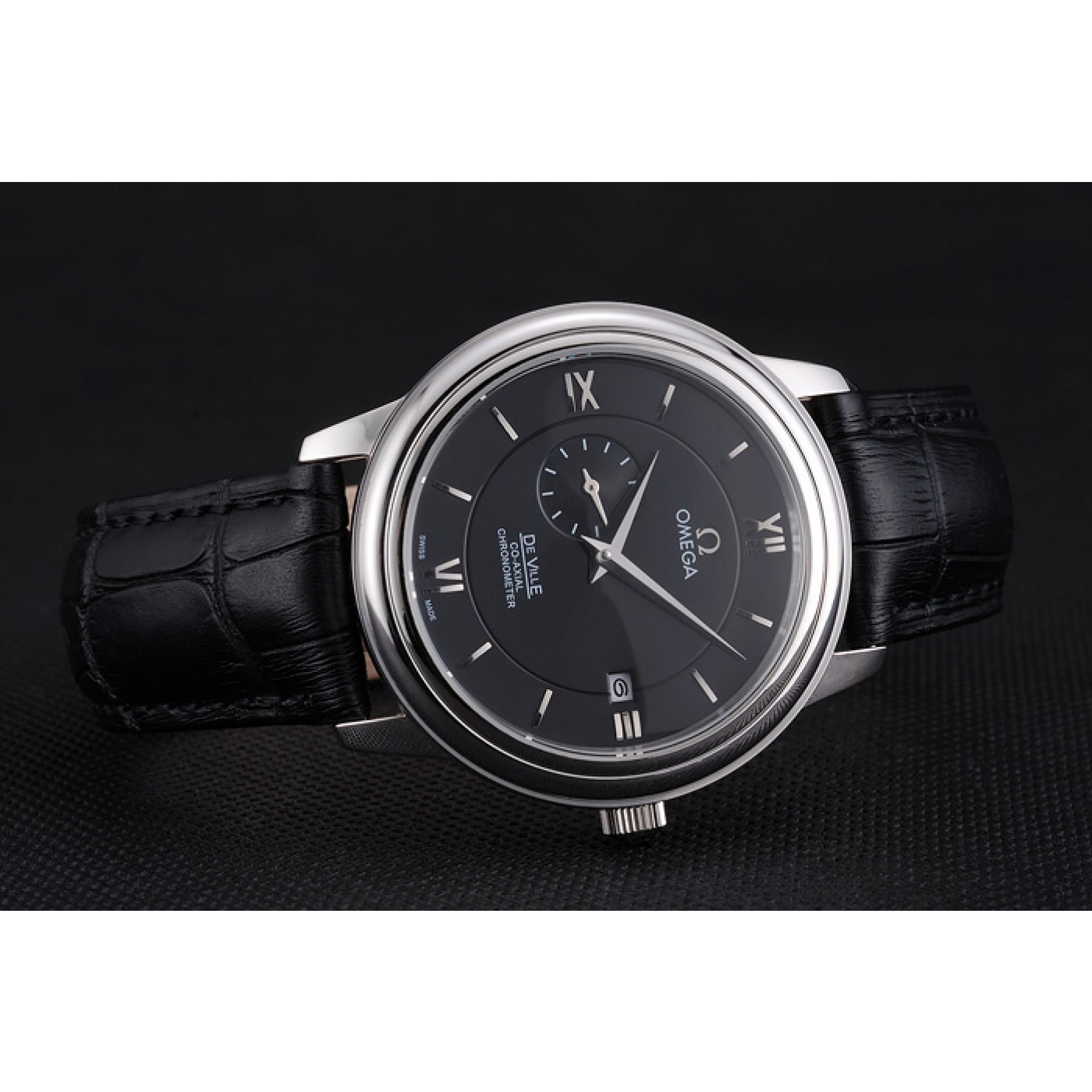 MiroTime Omega De Ville Prestige Co-Axial Black Dial Silver Case Black Leather Strap Roman Numeral
