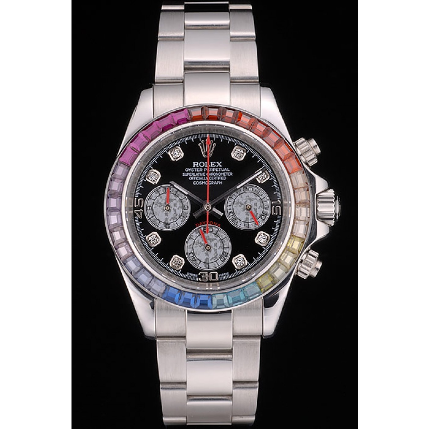 MiroTime Rolex Daytona Cosmograph Rainbow Crystals Bezel Stainless Steep Strap Black Dial 80250