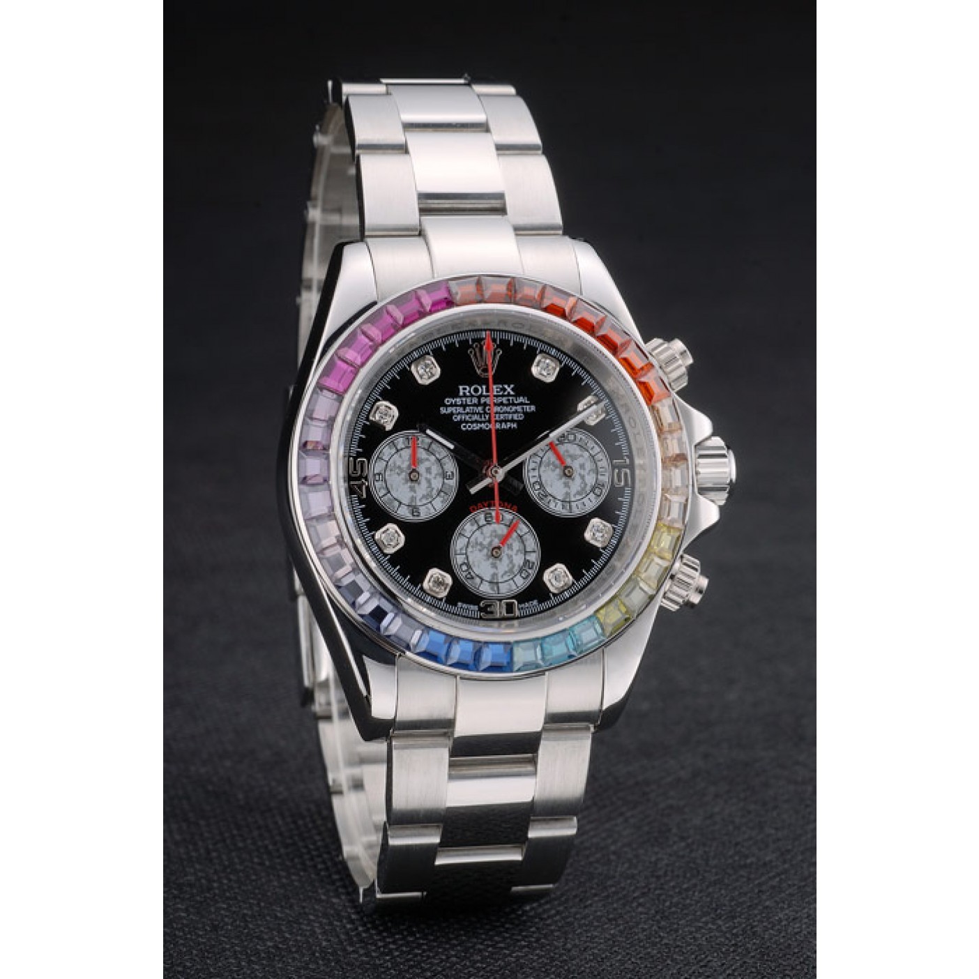 MiroTime Rolex Daytona Cosmograph Rainbow Crystals Bezel Stainless Steep Strap Black Dial 80250