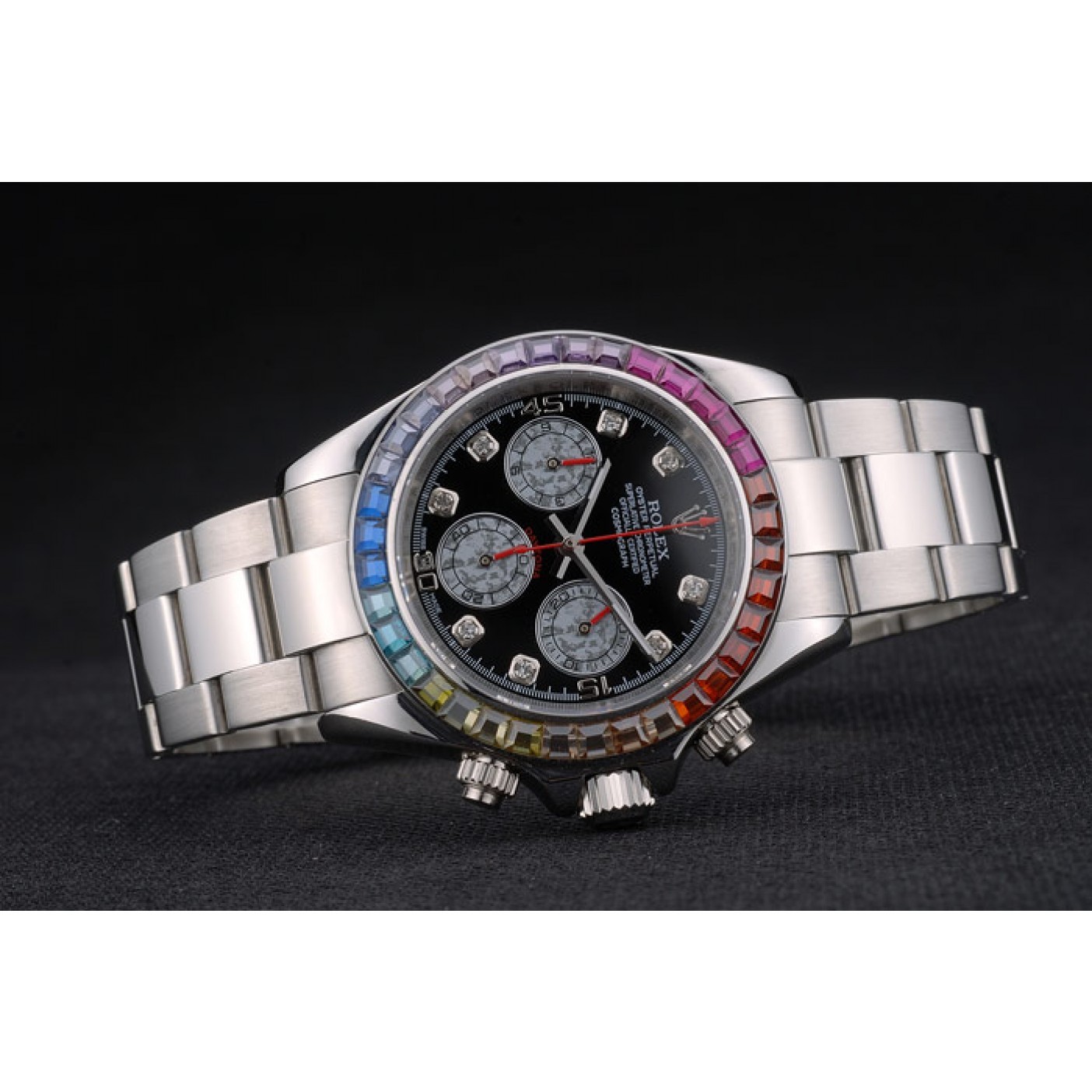 MiroTime Rolex Daytona Cosmograph Rainbow Crystals Bezel Stainless Steep Strap Black Dial 80250