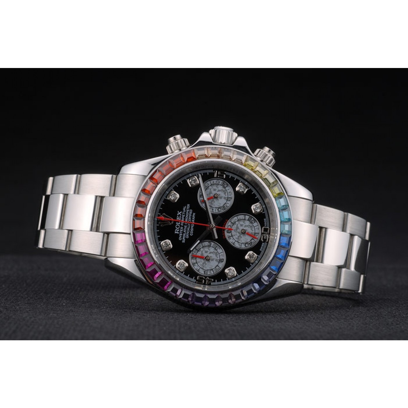 MiroTime Rolex Daytona Cosmograph Rainbow Crystals Bezel Stainless Steep Strap Black Dial 80250