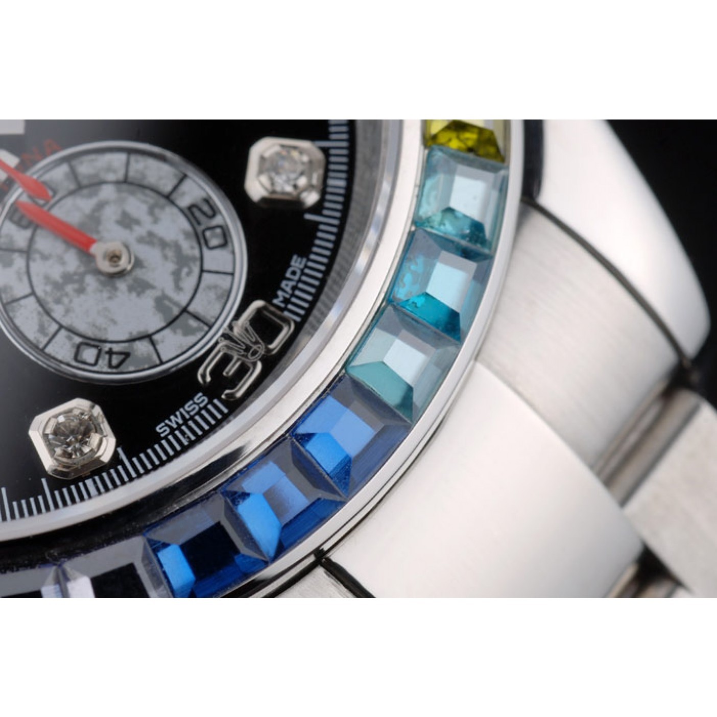 MiroTime Rolex Daytona Cosmograph Rainbow Crystals Bezel Stainless Steep Strap Black Dial 80250