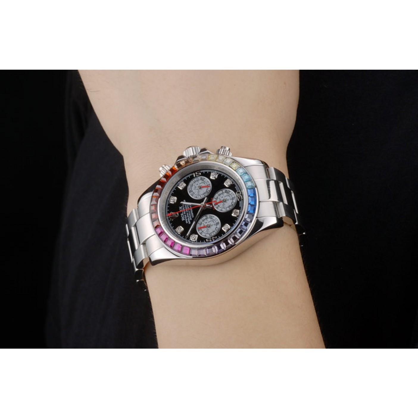 MiroTime Rolex Daytona Cosmograph Rainbow Crystals Bezel Stainless Steep Strap Black Dial 80250