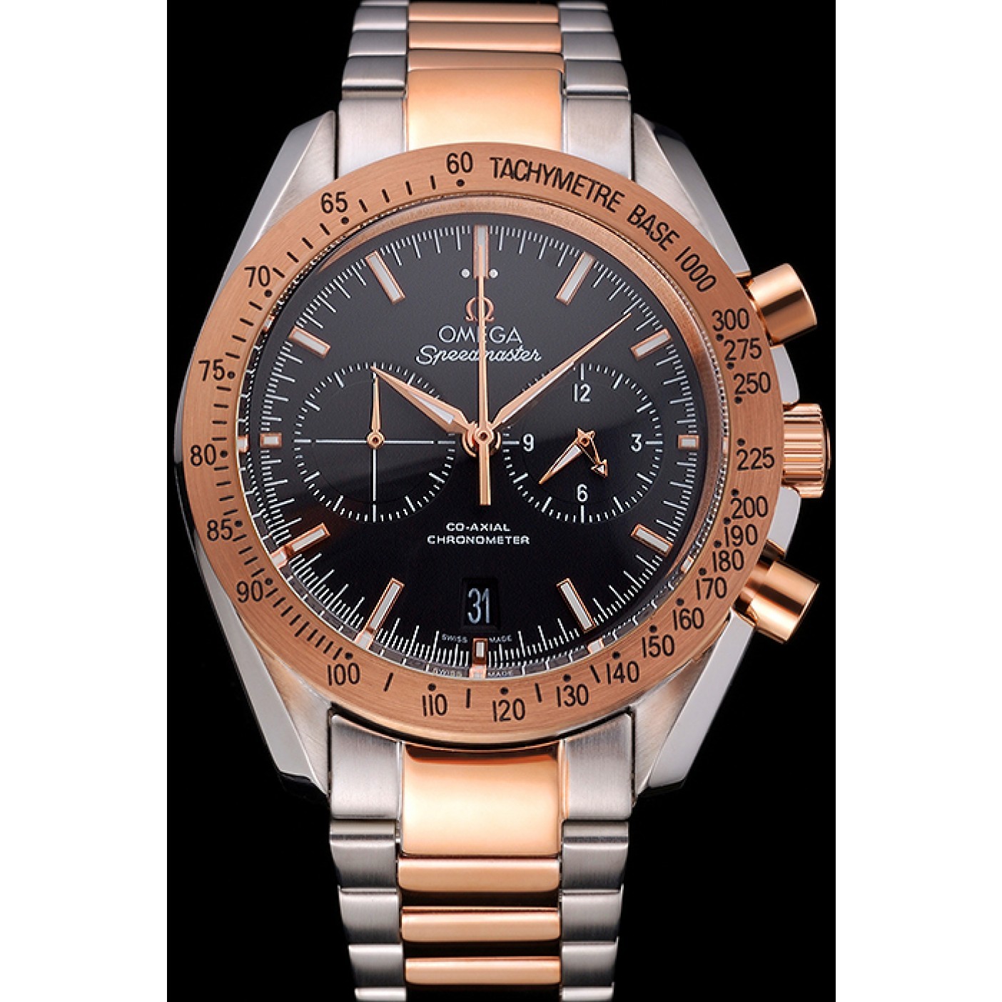 MiroTime Omega Speedmaster Black Dial Gold Bezel Stainless Steel Case Two Tone Bracelet 622804