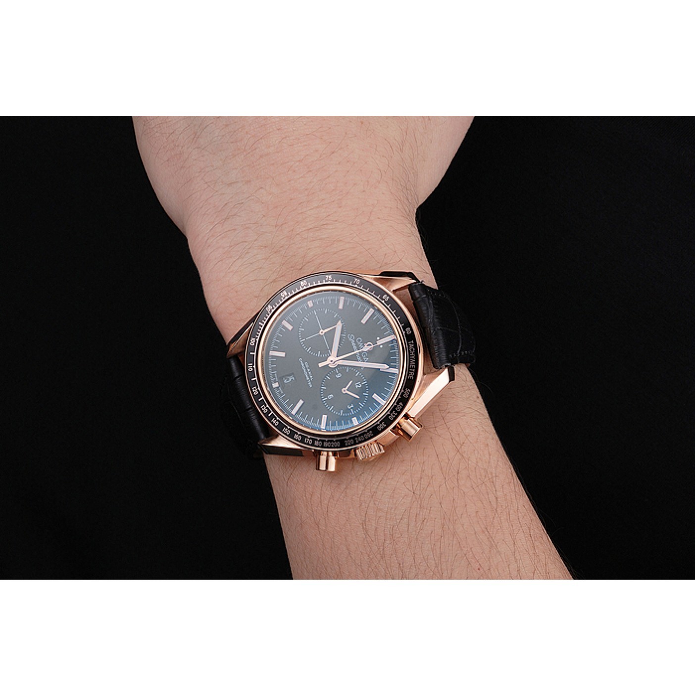 MiroTime Omega Speedmaster Black Dial Gold Case Black Leather Strap 622809