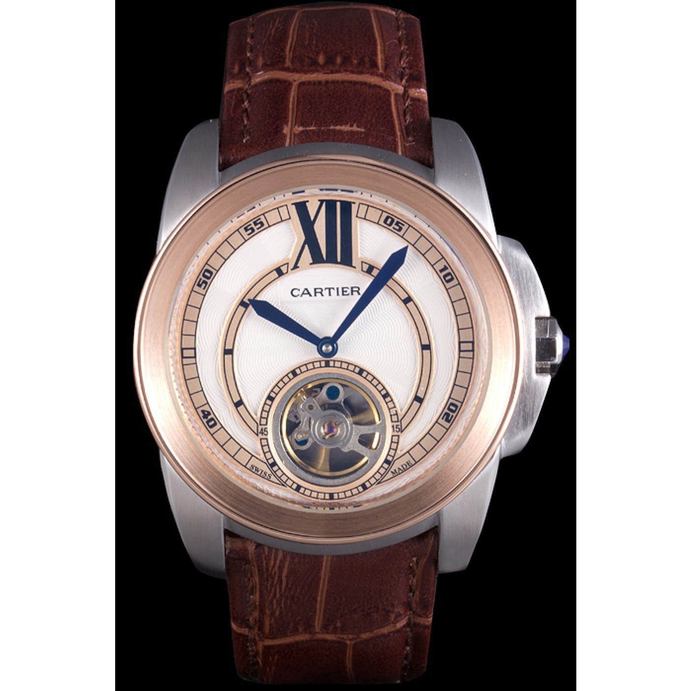 MiroTime Cartier Calibre Flying Tourbillon White Dial Two Tone Case Brown Leather Bracelet