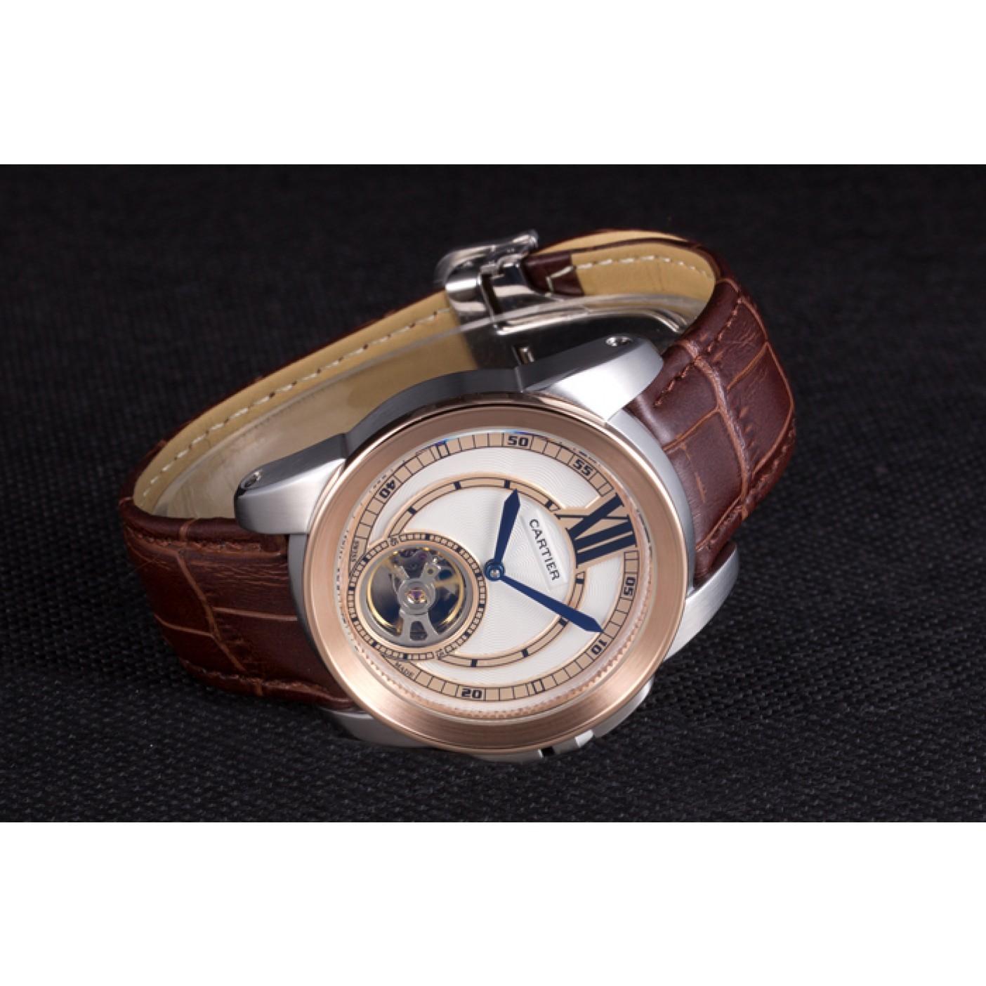 MiroTime Cartier Calibre Flying Tourbillon White Dial Two Tone Case Brown Leather Bracelet