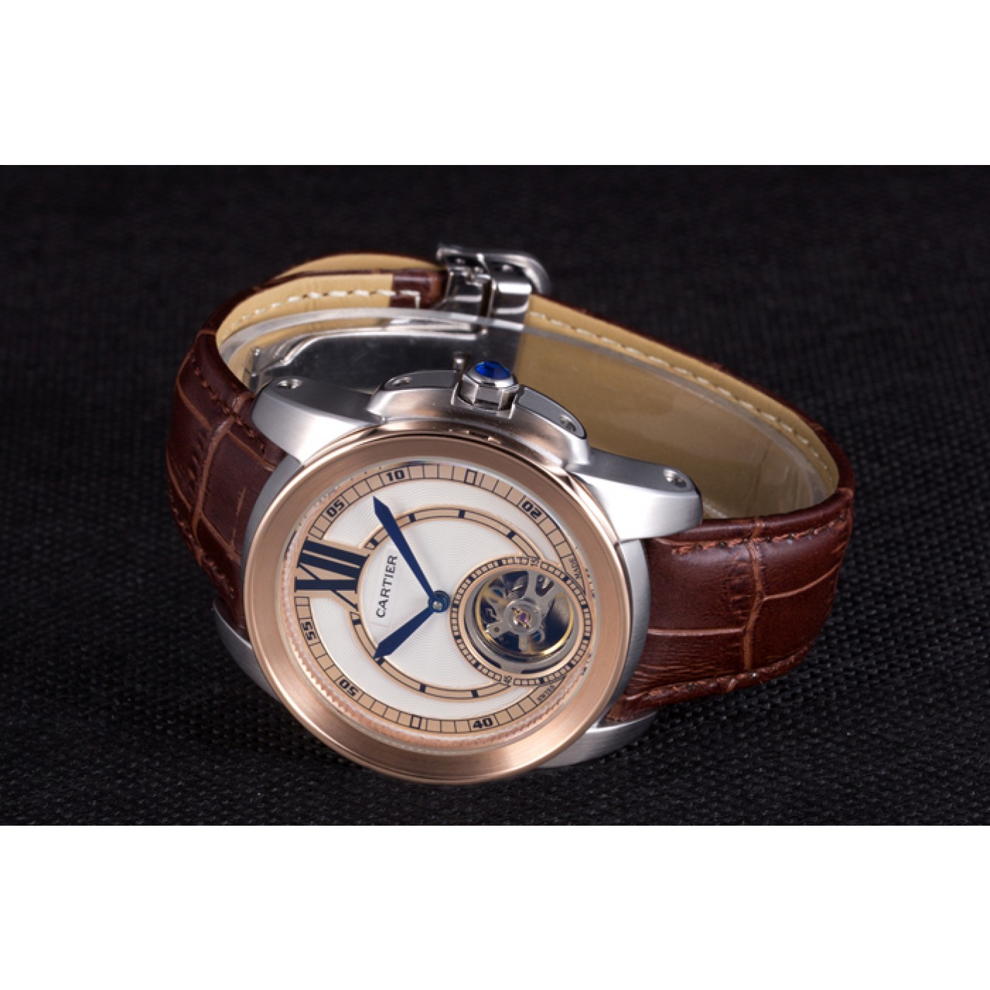 MiroTime Cartier Calibre Flying Tourbillon White Dial Two Tone Case Brown Leather Bracelet