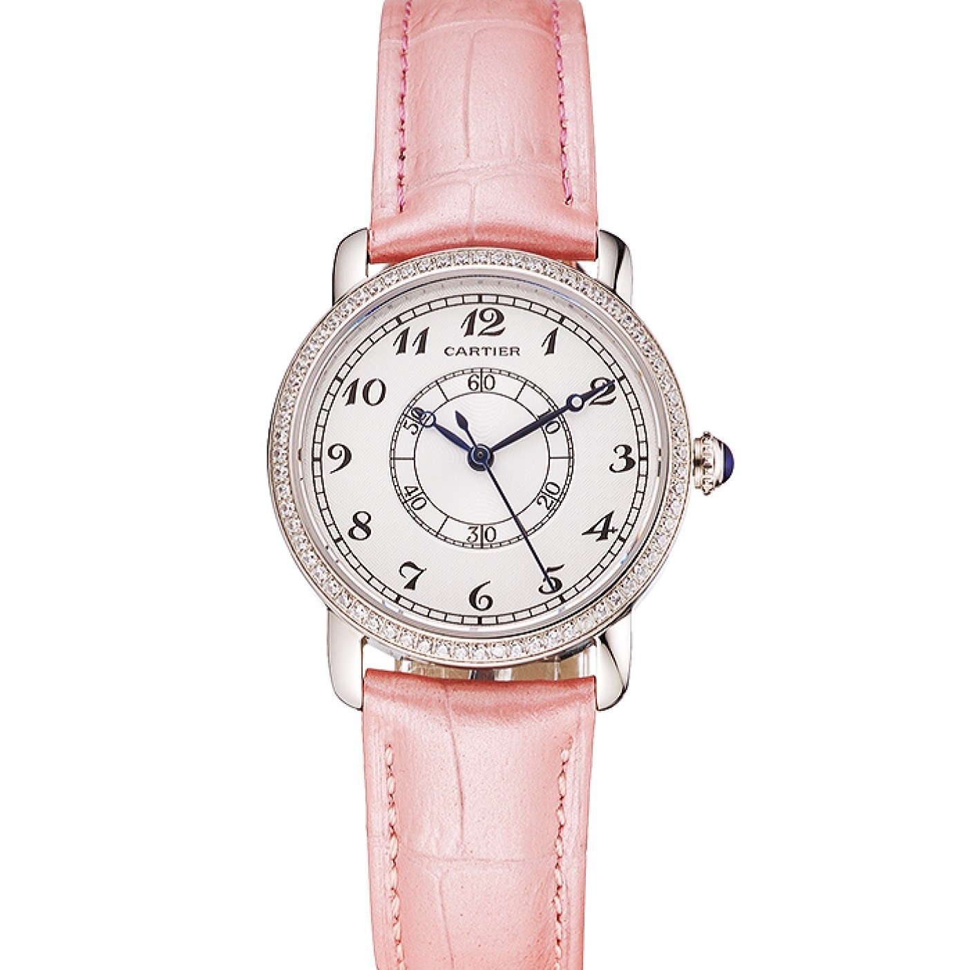 MiroTime Cartier Ronde White Dial Diamond Bezel Stainless Steel Case Pink Leather Strap