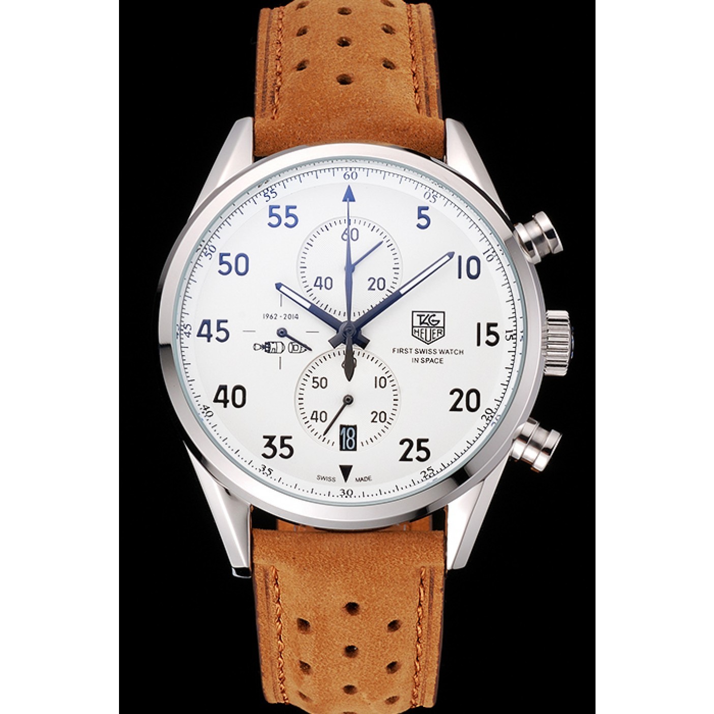 MiroTime Tag Heuer Carrera SpaceX-7 White Dial Silver Stainless Steel Case Brown Suede Strap