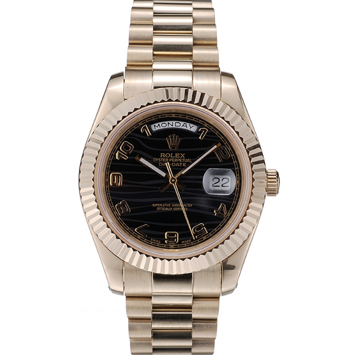 MiroTime Rolex Swiss DayDate Gold Stainless Steel Ribbed Bezel Black Dial 41998