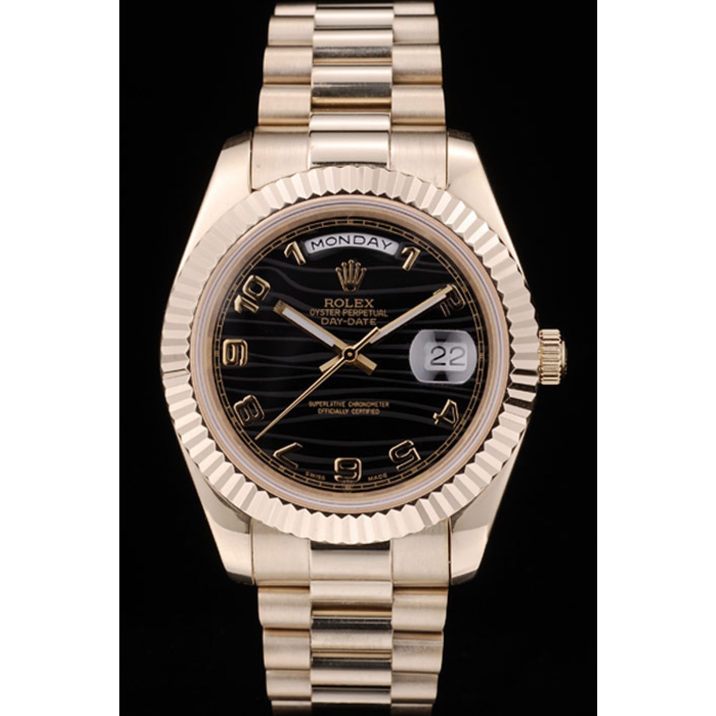 MiroTime Rolex Swiss DayDate Gold Stainless Steel Ribbed Bezel Black Dial 41998