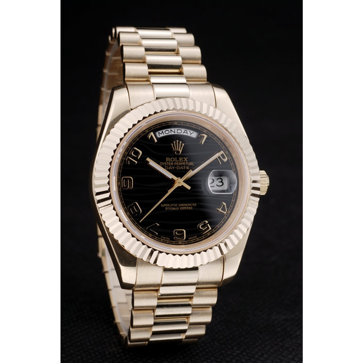 MiroTime Rolex Swiss DayDate Gold Stainless Steel Ribbed Bezel Black Dial 41998