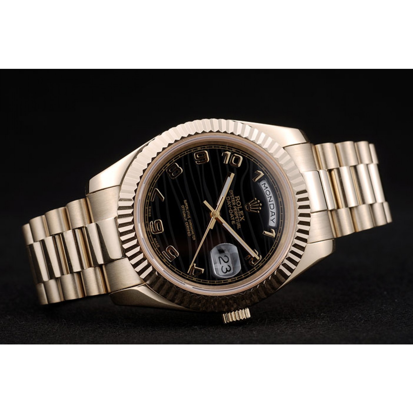 MiroTime Rolex Swiss DayDate Gold Stainless Steel Ribbed Bezel Black Dial 41998