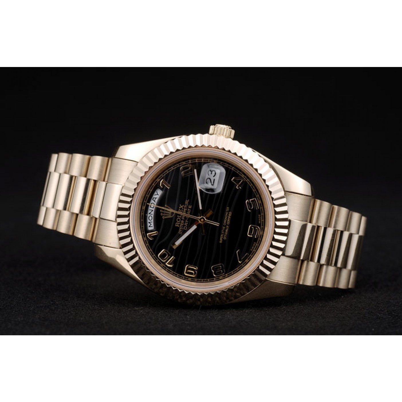 MiroTime Rolex Swiss DayDate Gold Stainless Steel Ribbed Bezel Black Dial 41998