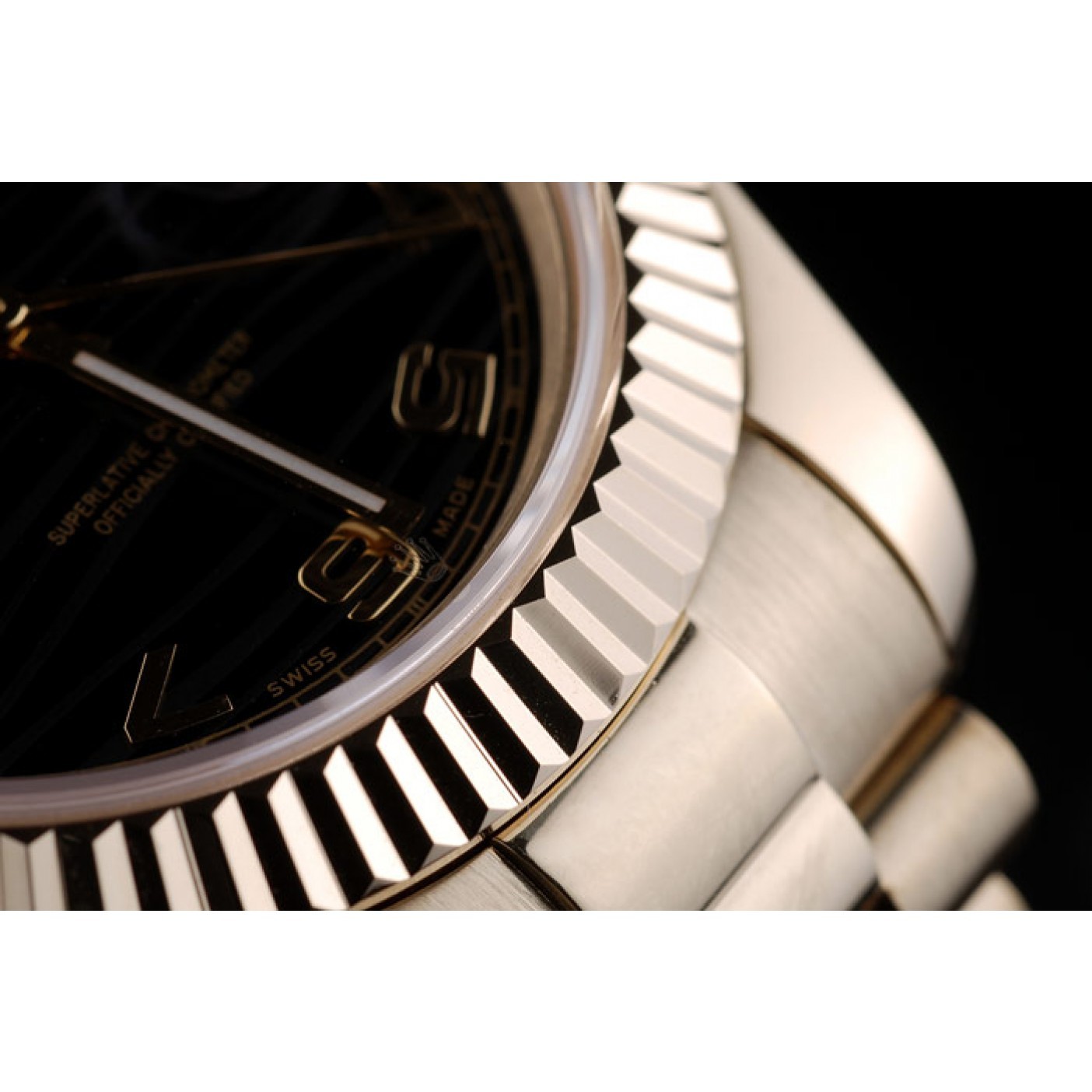 MiroTime Rolex Swiss DayDate Gold Stainless Steel Ribbed Bezel Black Dial 41998