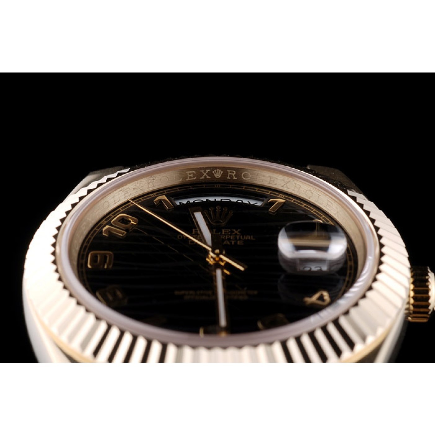 MiroTime Rolex Swiss DayDate Gold Stainless Steel Ribbed Bezel Black Dial 41998