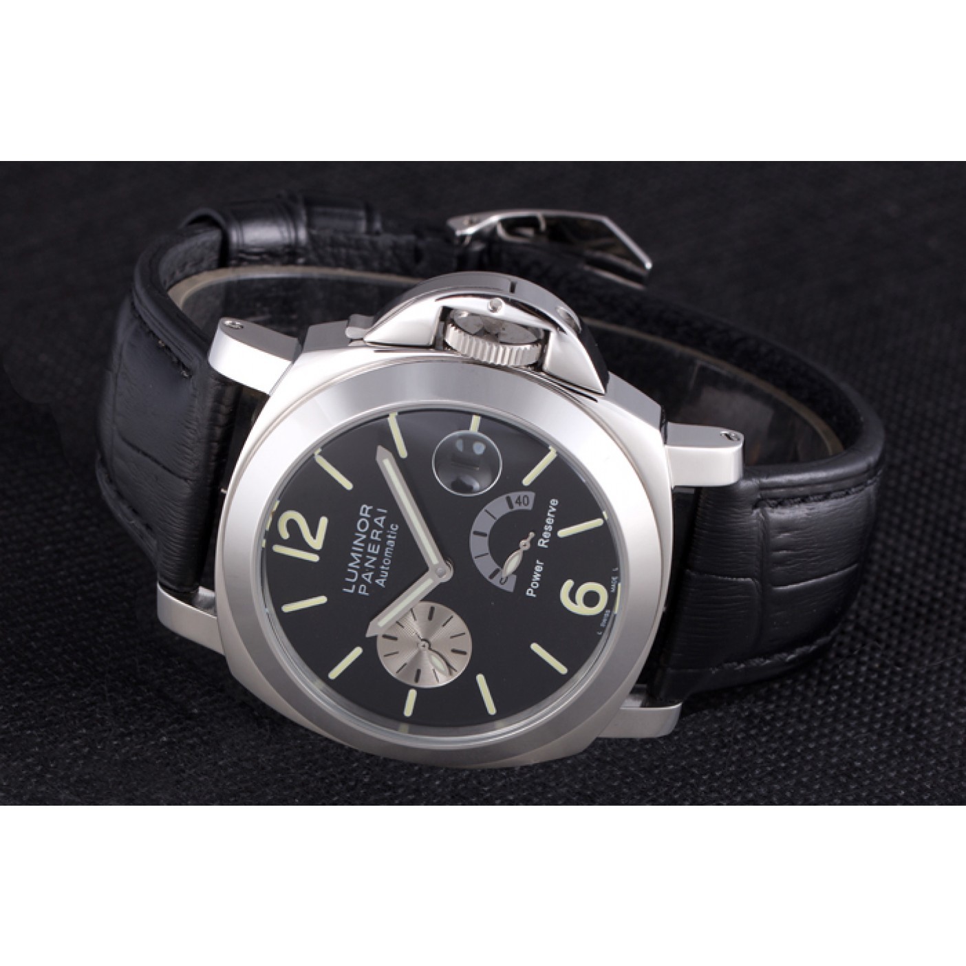 MiroTime Panerai Luminor Power Reserve Black Dial Black Leather Bracelet