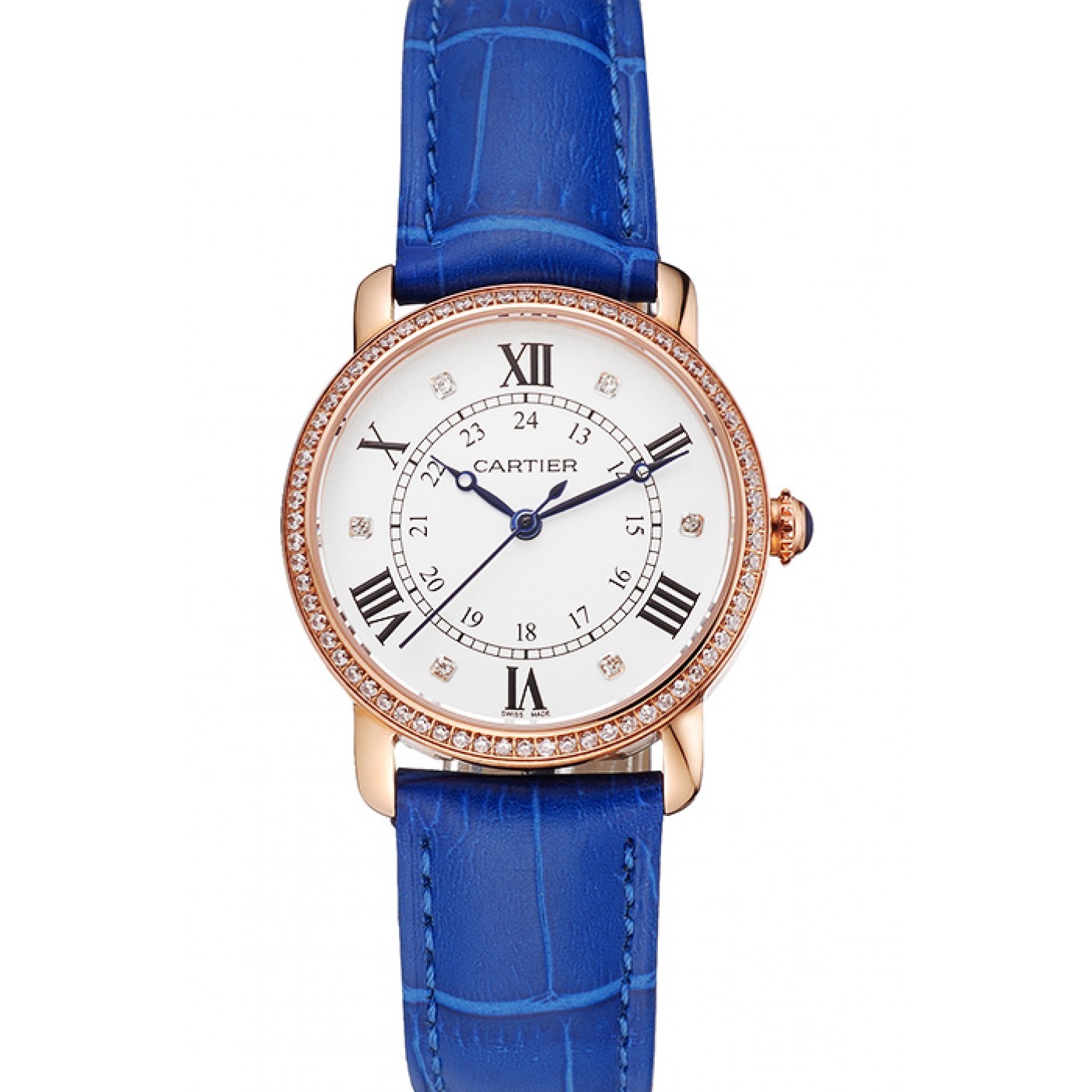 MiroTime Cartier Ronde White Dial Diamond Bezel Rose Gold Case Blue Leather Strap