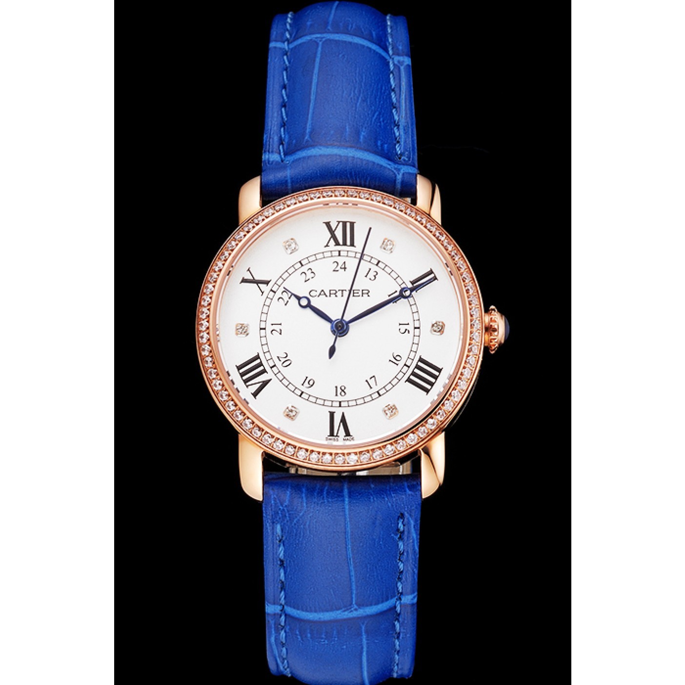 MiroTime Cartier Ronde White Dial Diamond Bezel Rose Gold Case Blue Leather Strap