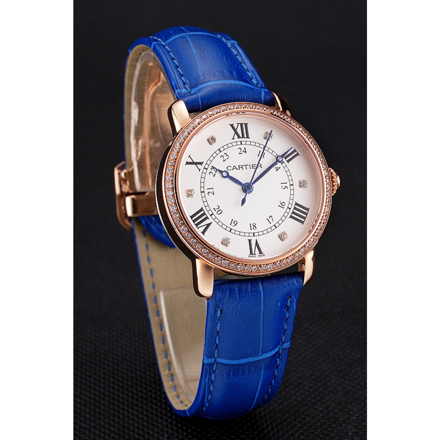 MiroTime Cartier Ronde White Dial Diamond Bezel Rose Gold Case Blue Leather Strap