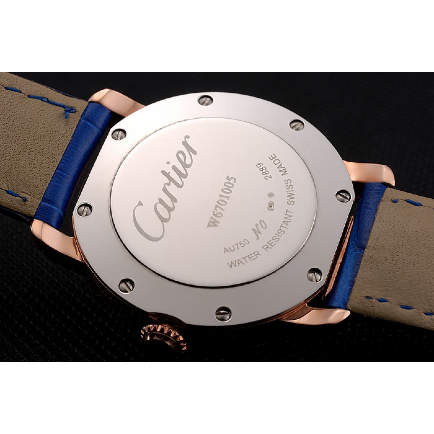 MiroTime Cartier Ronde White Dial Diamond Bezel Rose Gold Case Blue Leather Strap