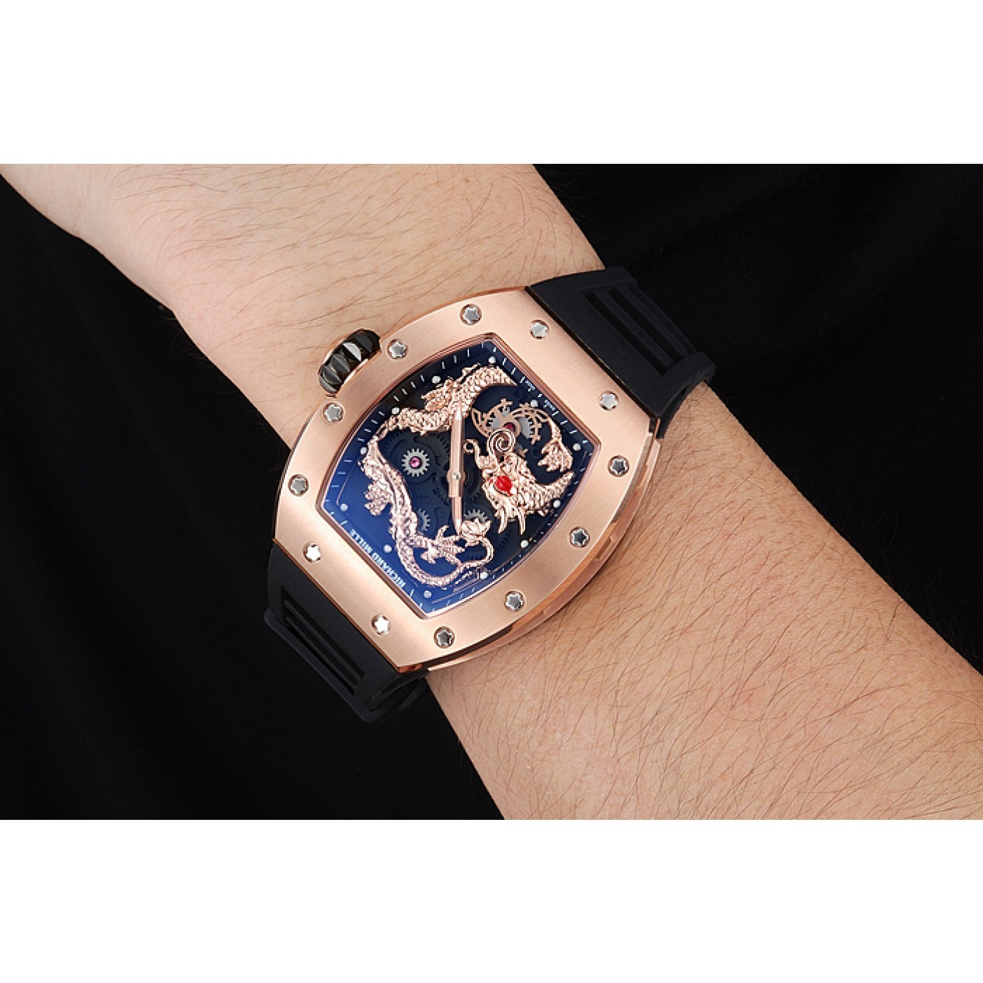 MiroTime Richard Mille RM 057 Tourbillon Dragon Jackie Chan Gold Case Black Rubber Bracelet 1454200