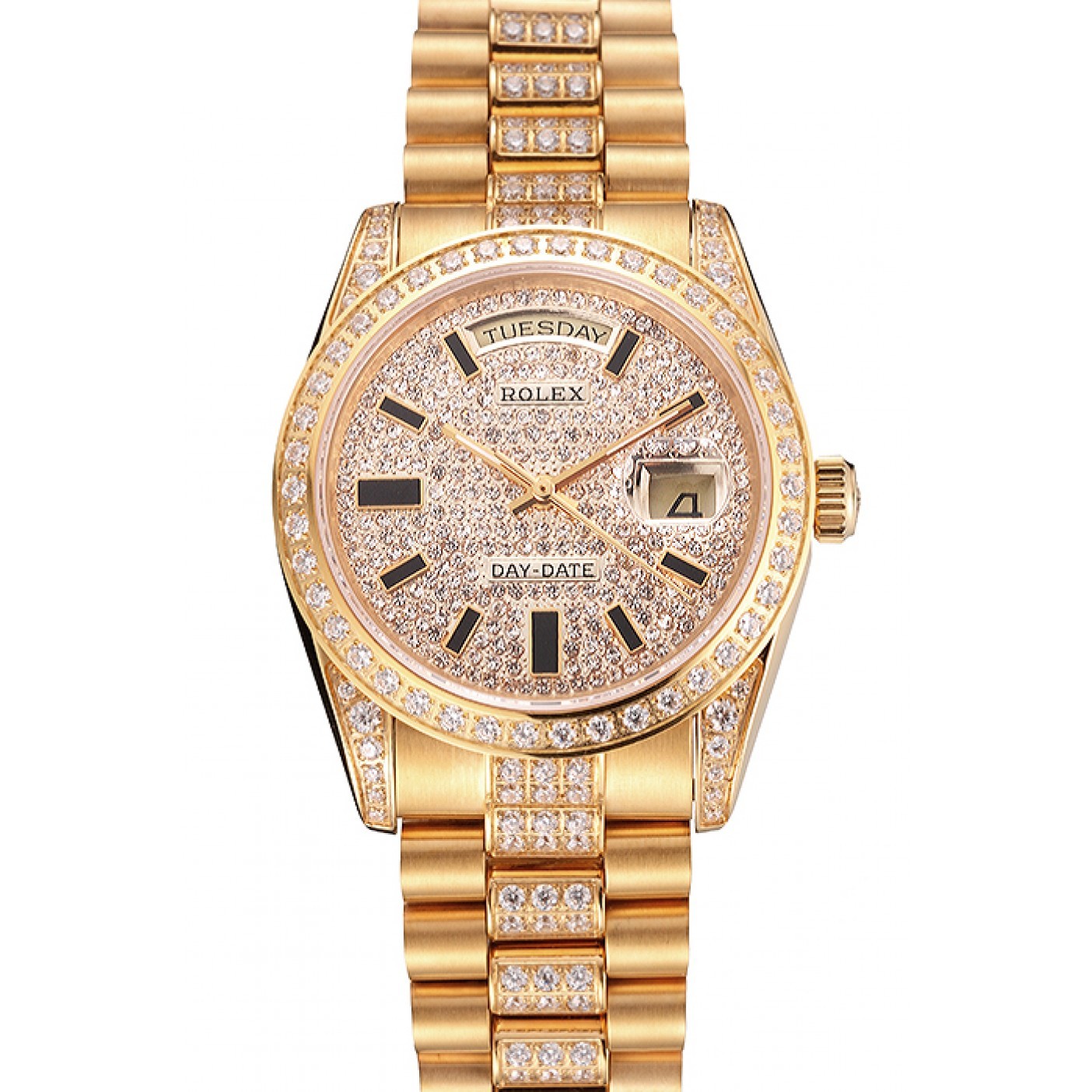 MiroTime Swiss Rolex Day Date Yellow Gold Diamond Pave