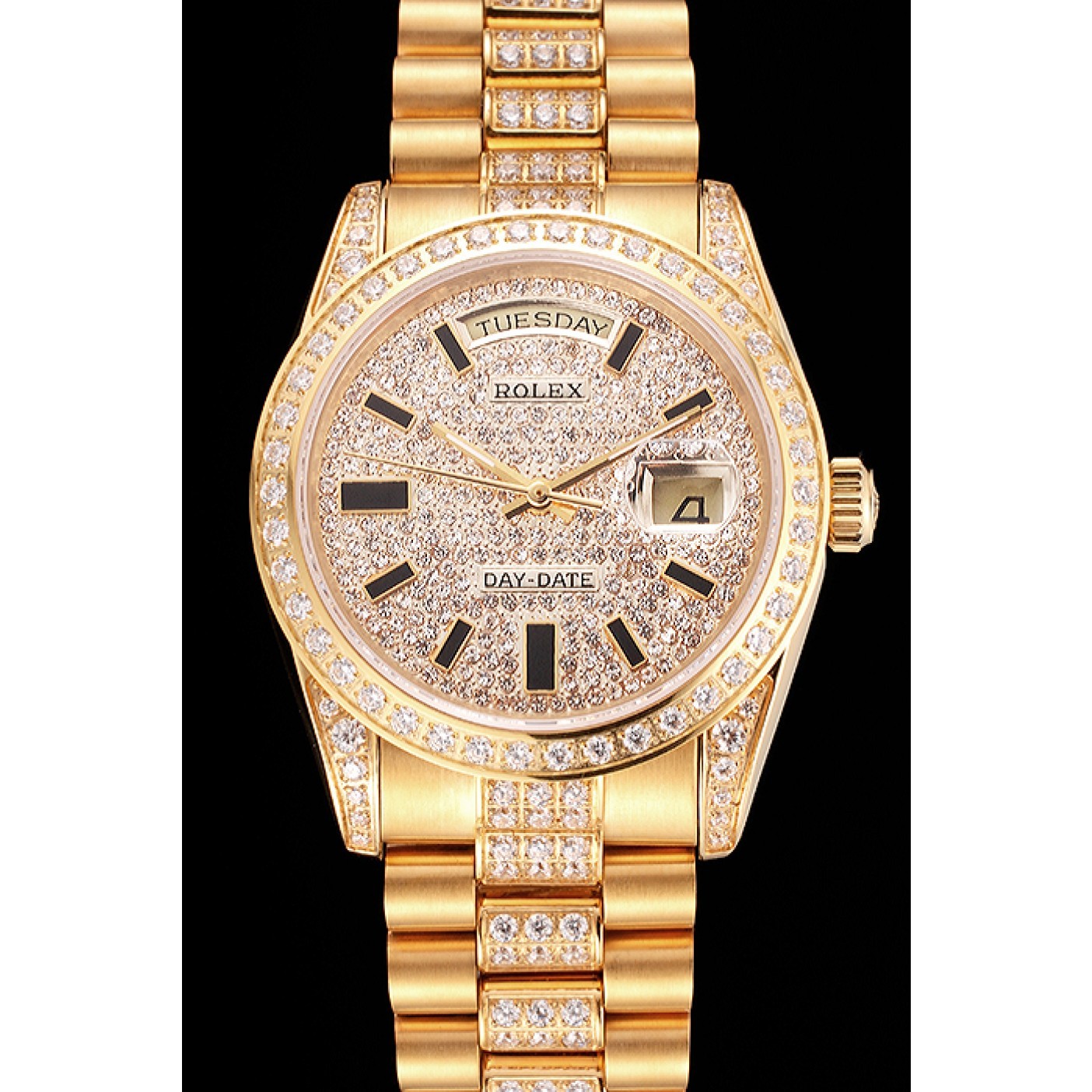 MiroTime Swiss Rolex Day Date Yellow Gold Diamond Pave